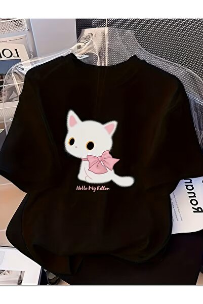 LELVANİ Χαριτωμένο μπλουζάκι με στάμπα μαύρης γάτας και ροζ κορδέλας