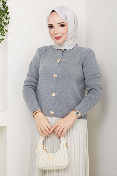 Miraydın Butik Women's Gold Heart Button Detailed Skirt Top Knitwear Cardigan Hijab - Gray