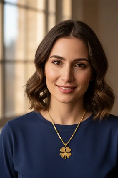 Clariss Çelik Zincir Gold Renk Yonca Model 60 cm Kadın Kolye