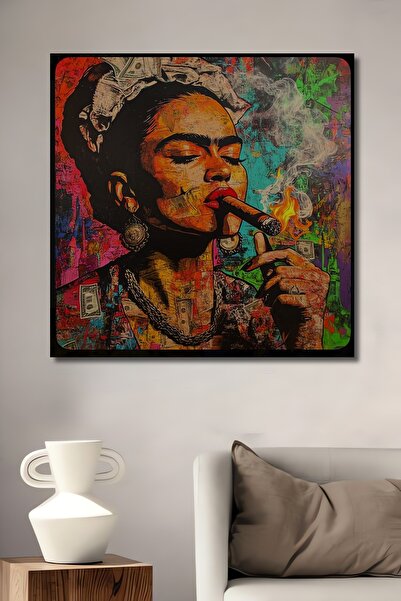 Teona Ahşap Frida Kahlo Sigara Yakarken Soyut Yağlı Boya Görünümlü Ahşap Dekoratif Ev,Antre,Salon,Ofis Tablo