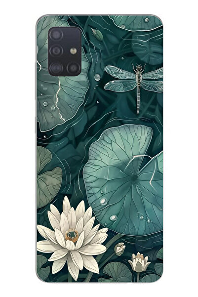 TechTree حافظة سيليكون متوافقة مع هاتف سامسونج جالاكسي A51 باللون الأخضر على شكل زهرة اللوتس واليعسوب مطبوع