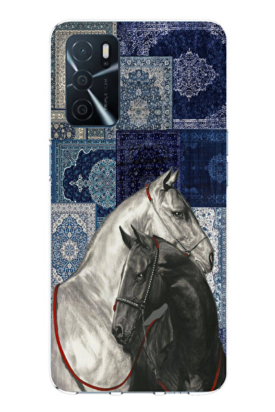 TechTree Oppo A16 Compatible Blue Carpet Patterned Black and White Horse Printed Silicone Case