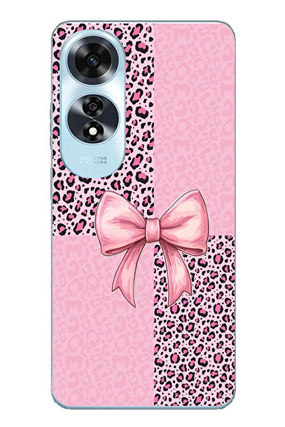 TechTree حافظة سيليكون متوافقة مع هاتف اوبو A60 بنمط الفهد الوردي وشريط مطبوع