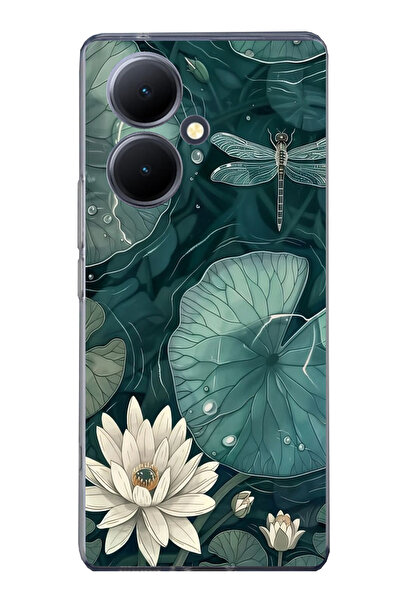 TechTree Vivo V29 Lite 5g Compatible Green Leafy Water Lily and Dragonfly Printed Silicone Case