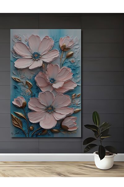 Teona Ahşap Büyük Pembe Çiçek Yağlı Boya Görünümlü Ahşap Dekoratif Ev,Antre,S...