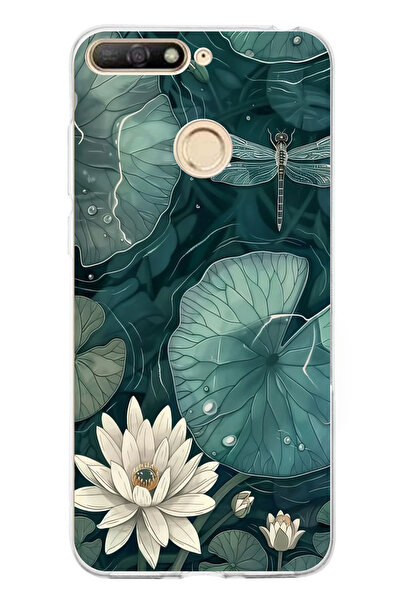 TechTree حافظة سيليكون لهاتف هواوي Y6 2018 - متوافقة مع Honor 7A، على شكل زهرة اللوتس والنيرس الأخضر مطبوع