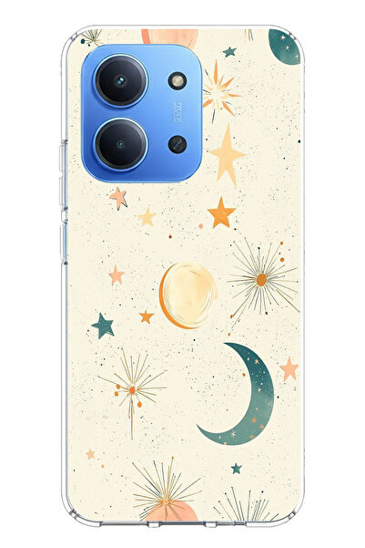 TechTree حافظة سيليكون متوافقة مع Redmi 15C ذات خلفية كريمية وقمر ونجمة مطبوع