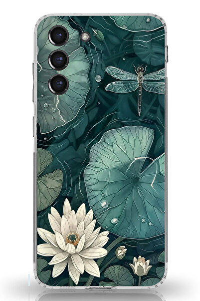 TechTree حافظة سيليكون متوافقة مع هاتف سامسونج جالاكسي S21 FE باللون الأخضر على شكل زهرة اللوتس واليافوت مطبوع