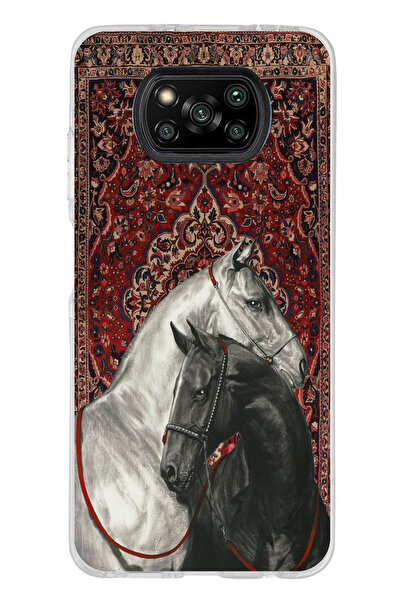 TechTree Poco X3-X3 PRO-NFC Uyumlu Geleneksel Halı Motifli Siyah Beyaz At Bas...