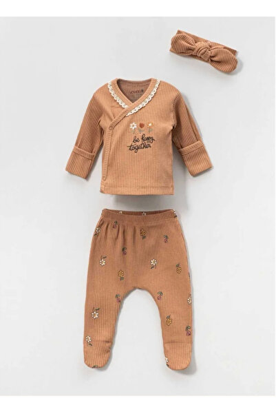 Momercy طقم ملابس للمواليد الجدد مكون من 3 قطع مطرزة بنقشة البابونج - بني