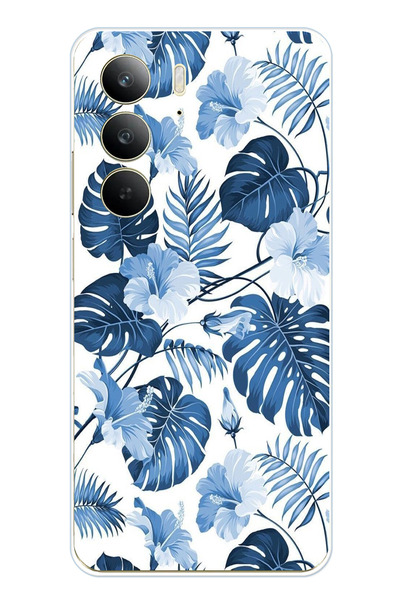 TechTree Realme C75 Compatible Blue Leaf and Flower Patterned Printed Silicone Case