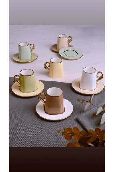 Paçi 6’lı Gold Detaylı Porselen Türk Kahvesi Fincan Takımı–Pastel Renkli Kahve Fincanı Seti