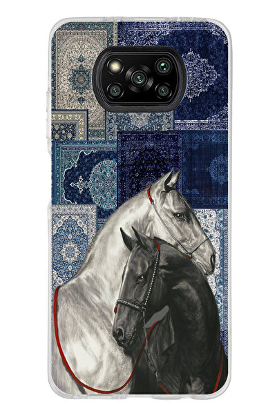 TechTree Poco X3-X3 PRO-NFC Uyumlu Mavi Kilim Desenli Siyah ve Beyaz At Baskı...