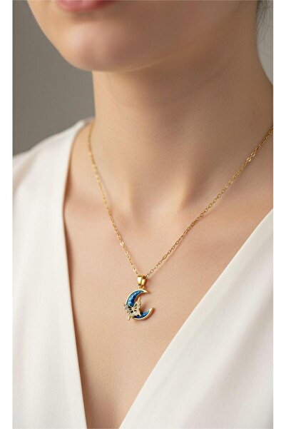 staınless steel Kadın Paslanmaz Çelik Kolye Zirkon Taş Ay Kelebek Model, Şık ...