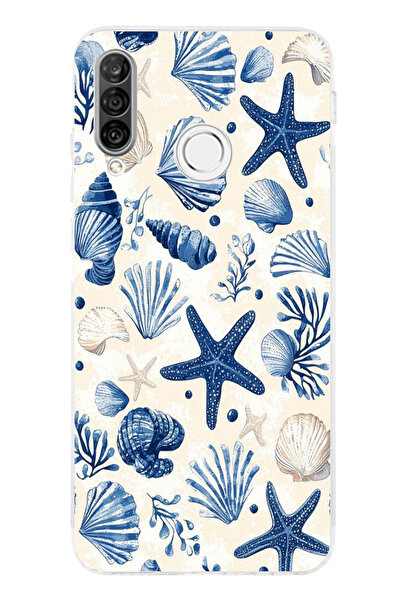 TechTree حافظة سيليكون مطبوع متوافقة مع هاتف هواوي P30 لايت بنمط الصدف الأزرق...