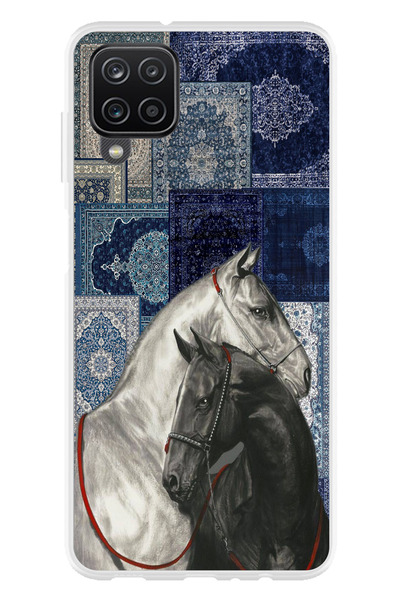 TechTree Black and White Horse Printed Silicone Case with Blue Carpet Pattern Compatible with Samsung Galaxy A22-M22-M32