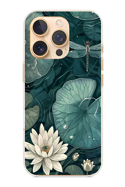 TechTree حافظة سيليكون متوافقة مع هاتف iPhone 16 PRO على شكل زهرة اللوتس واليراعات الخضراء مطبوع