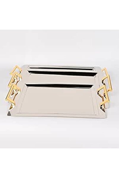 Generic Luxury Stainless Steel Serving Tray Set with Golden Handles