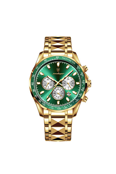 POEDAGAR Men's Watch Chronograph Quartz Date Steel Gold Green