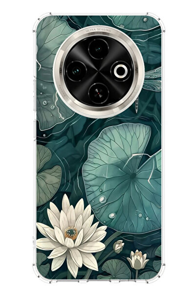 TechTree حافظة سيليكون متوافقة مع هاتف Tecno Spark 30C على شكل زهرة اللوتس والنيرس الأخضر مطبوع