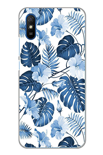 TechTree حافظة سيليكون مطبوع متوافقة مع Redmi 9A بنمط أوراق الشجر الزرقاء وال...