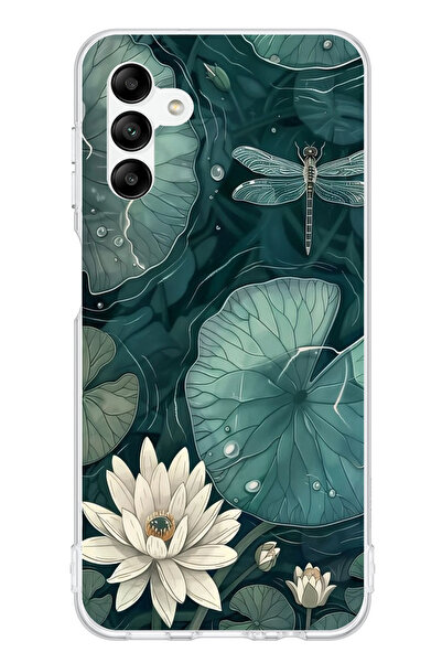 TechTree حافظة سيليكون متوافقة مع هاتف سامسونج جالاكسي A04s باللون الأخضر على شكل زهرة اللوتس واليافوت مطبوع