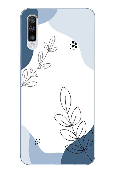 TechTree حافظة سيليكون متوافقة مع هاتف سامسونج جالاكسي A50-A30S باللون الأزرق وخطوط نباتية مطبوع