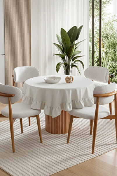 MZN Home Fırfırlı Bej Yuvarlak Masa Örtüsü – %100 Doğal Pamuk, Sade ve Şık Ta...
