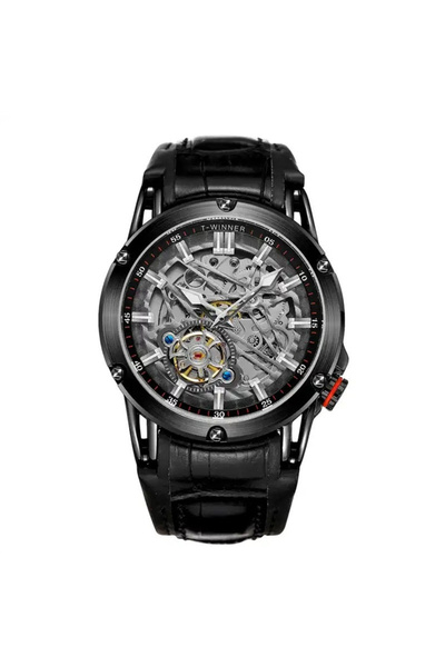 T-WINNER Ceas de mână bărbătesc T-winner Classic Fashion, mecanism mecanic automat, schelet, piele, negru