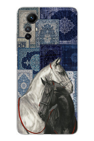 TechTree Redmi Note 12S Uyumlu Mavi Kilim Desenli Siyah ve Beyaz At Baskılı S...