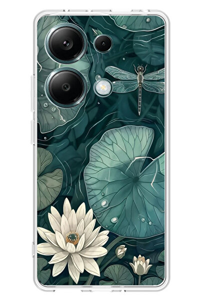 TechTree حافظة سيليكون متوافقة مع هاتف Redmi Note 13 PRO 4G على شكل زهرة اللوتس واليراعات مطبوع