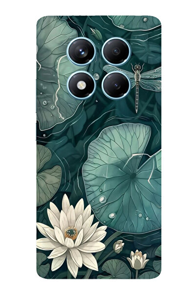 TechTree Redmi Note 14 Pro 4g Compatible Green Leafy Water Lily and Dragonfly Printed Silicone Case