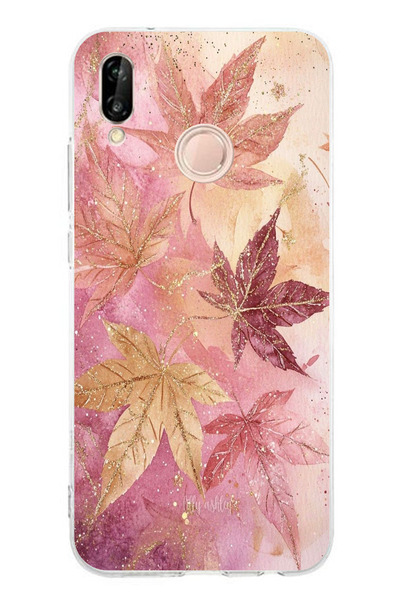 TechTree Huawei P20 Lite Compatible Pink and Burgundy Tone Leaf Printed Silicone Case