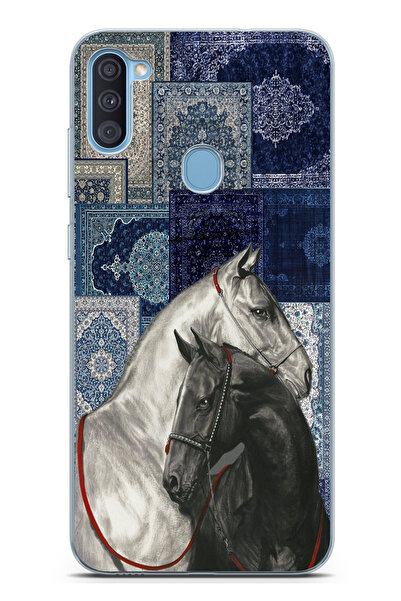 TechTree حافظة سيليكون متوافقة مع هاتف سامسونج جالاكسي A11-M11 باللون الأزرق بنمط الحصان الأسود والأبيض مطبوع