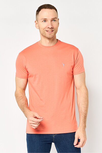 TailorByrd Men Crew Neck Short Sleeve Embroidered Logo T-Shirt, Coral