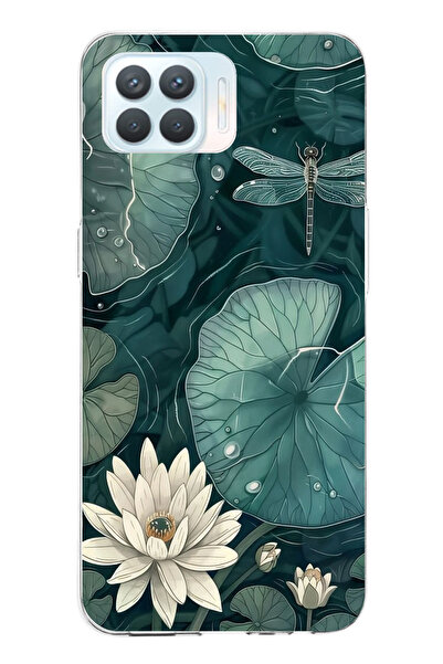 TechTree حافظة سيليكون متوافقة مع هاتف OPPO Reno 4 Lite على شكل زهرة اللوتس والضفدع مطبوع