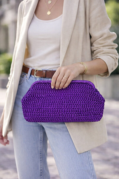 BY AKTEPE STORE El Yapımı Burslu Örgü Clutch Çanta – Parlak Metalik Kağıt İp,...