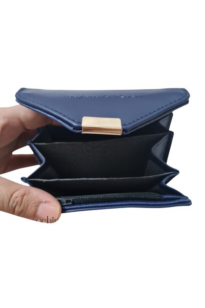Glowfit Shine Your Shape Women's Navy Blue Multi-Eye Soft Soft Textured Faux Leather Wallet with Snap Fastener and Small Chain Detail