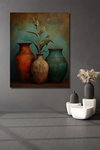 Teona Ahşap Antik Vazo ve Bitki Kompozisyonu Yağlı Boya Görünümlü Dekoratif A...