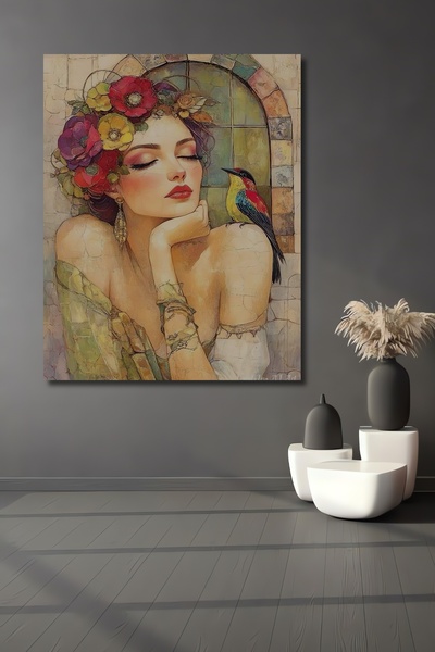 Teona Ahşap Büyüleyici Çiçekli Kadın ve Renkli Kuş Yağlı Boya Görünümlü Dekor...