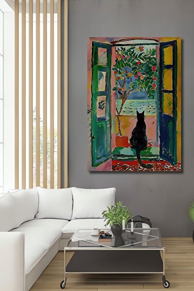 Teona Ahşap Bohem Siyah Kedi Manzaralı Yağlı Boya Görünümlü Ahşap Dekoratif E...