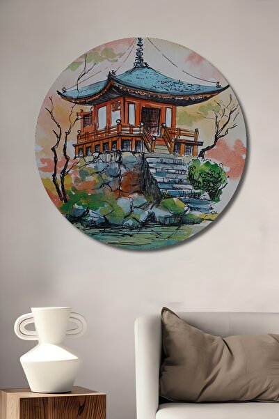 Teona Ahşap Japon Pagodası Sulu Boya Görünümlü Dekoratif Ahşap Tablo Yuvarlak...