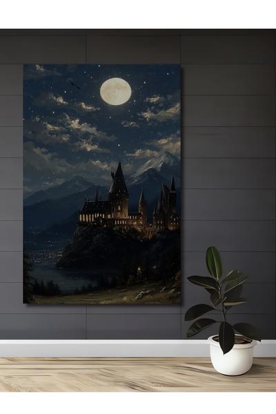 Teona Ahşap Hogwarts Gece Manzarası Sulu Boya Görünümlü Ahşap Dekoratif Ev,An...