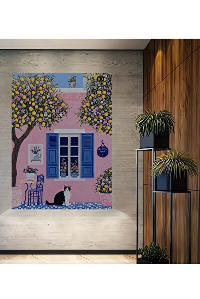 Teona Ahşap Bohem Bahçe Manzaralı Kedi ve Limon Ağacı Yağlı Boya Görünümlü Ah...