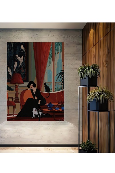 Teona Ahşap Şık Kadın Kedi Köpek ve Kuş Temalı Yağlı Boya Görünümlü Dekoratif...