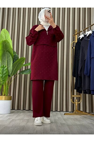 azra fashion Kadın Tesettür Taş İşlemeli İki İplik Tunik Pantolon Takım