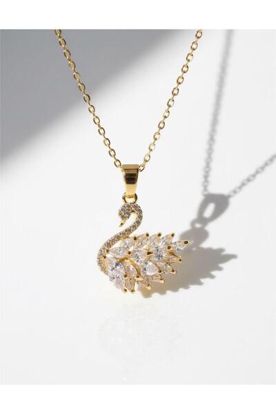 staınless steel Kadın Paslanmaz Çelik Gold Zincir Zirkon Taşlı Kuğulu Kolye Işıltılı Şık Tasarım - Beyaz Swan