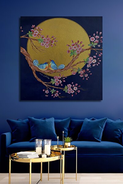 Teona Ahşap İki Sevgili Kuş Bahar Dalı Üzerinde Yağlı Boya Görünümlü Dekorati...