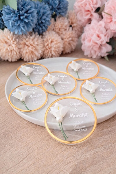 DECORA HOBİ Gala Çiçekli Şeffaf Pleksi Gold Çerçeve Yuvarlak Magnet Söz Nişan...