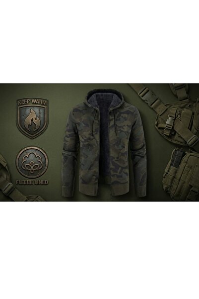 Silver جاكيت رجالي شتوي مبطن بالفرو-جاكت تريكو نقشة مموهة (عسكري)-جاكيت ثقيل ومرن للكشتات والأجواء الباردة